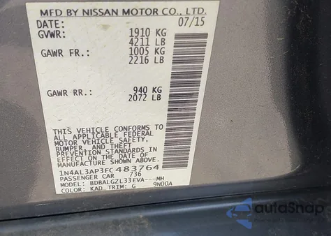 2015 Nissan Altima 2.5 S из США, поврежденный, VIN 1N4AL3AP3FC483764